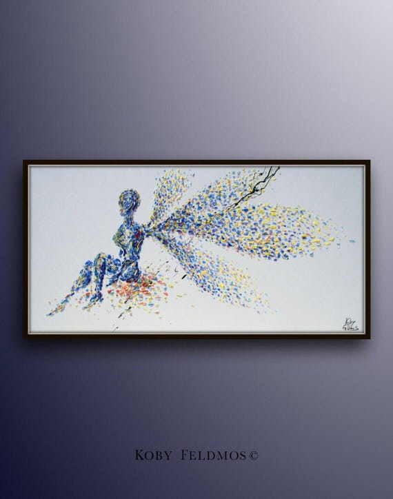 Painting Fairy wishing 50" Original oil painting on canvas, thick layers, beautiful relaxing oil colors, Handmade art by Koby Feldmos