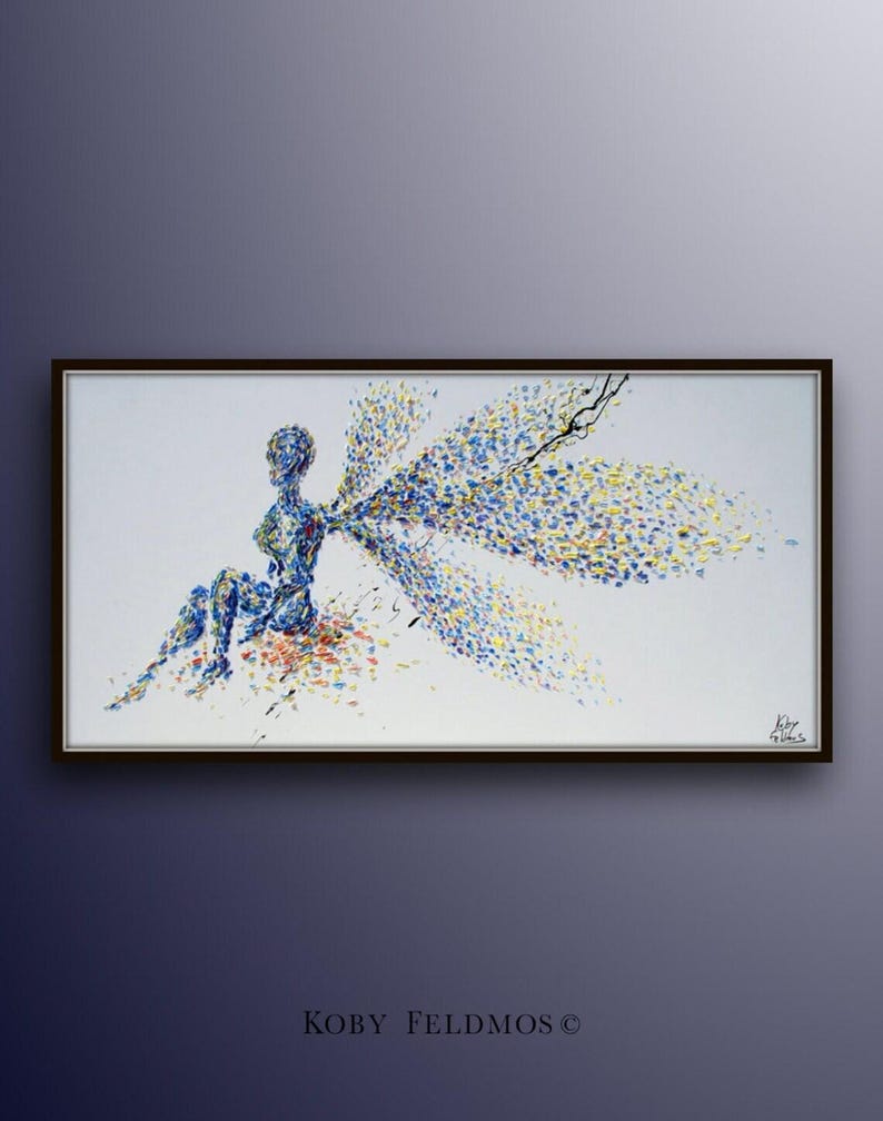 Painting Fairy wishing 50" Original oil painting on canvas, thick layers, beautiful relaxing oil colors, Handmade art by Koby Feldmos image 1