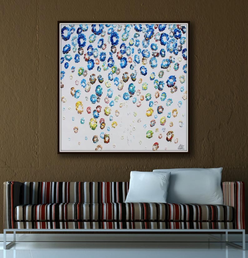 Abstract oil Painting 35" Abstract Curtain of Blue balls Amazing texture, oil painting on canvas, Handmade and art, Koby Feldmos image 4