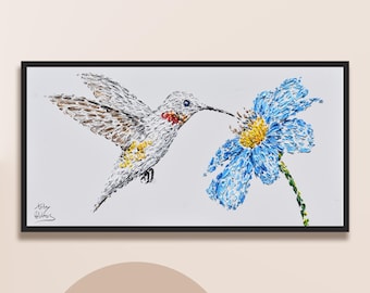 Hummingbird 50&quot; Original oil painting on canvas, Relaxing vibes, thick texture, Handmade by Koby Feldmos