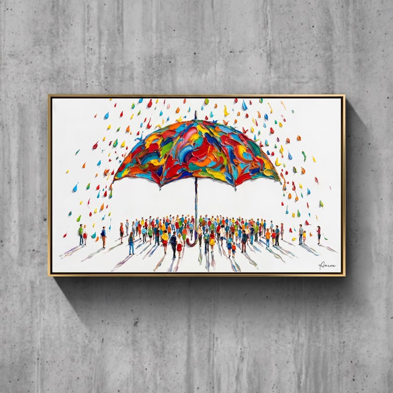 May include: A framed painting featuring a large, multi-colored umbrella with thick, textured paint strokes. Beneath the umbrella, a crowd of small, colorful figures stands on a white background, surrounded by falling, vibrant paint droplets.