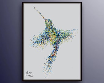 Hummingbird 40" large Painting, Oil Painting, Original Art on Canvas, Hand made, Beautiful texture, impasto style, by Koby Feldmos