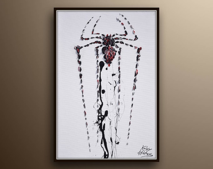 Spider 30" painting, original oil painting , black and white, animal, beautiful texture, by Koby Feldmos