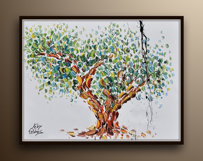 Olive Tree 40" original oil painting on canvas, thick oil paint, modern art, impasto style, canvas painting, by Koby Feldmos