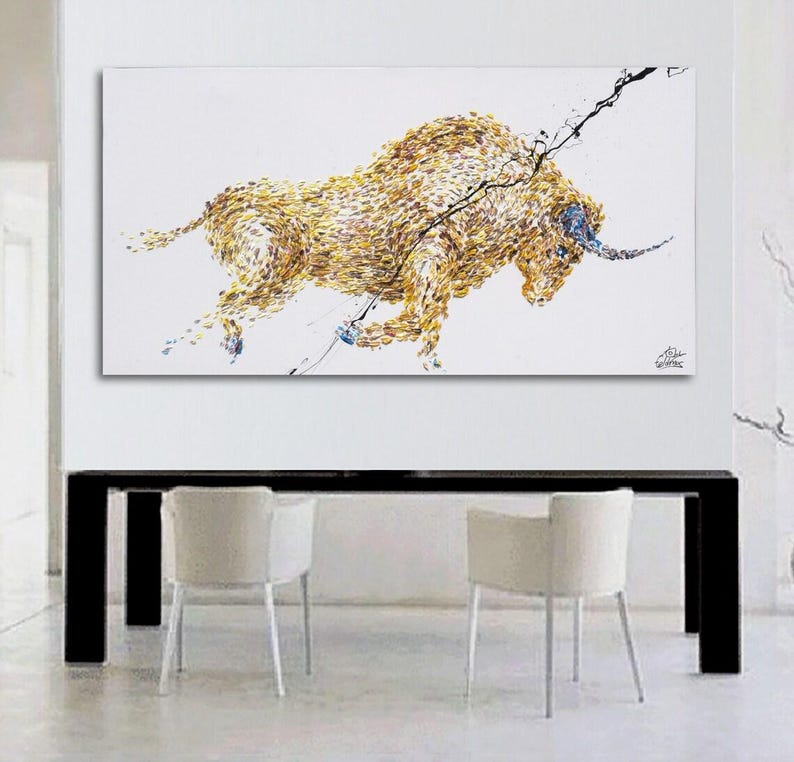 Djurtjurmålning 60" gul abstrakt målning på duk, original och handgjord oljemålning, expressfrakt, av Koby Feldmos bild 4