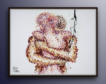Oil painting 40" romantic painting, gift idea, Original oil painting on canvas, embracing, man and woman, couple in love, by Koby Feldmos