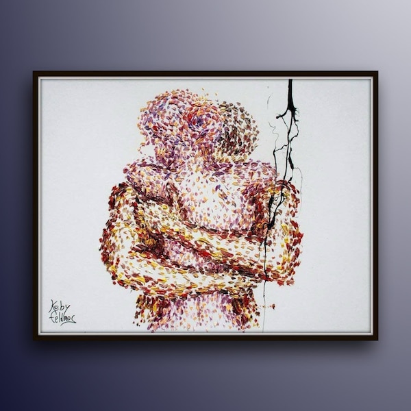 Oil painting 40" romantic painting, gift idea, Original oil painting on canvas, embracing, man and woman, couple in love, by Koby Feldmos