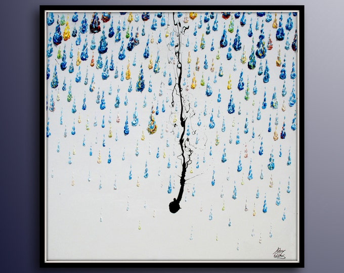 AMAZING ! 45" Abstract Painting  - "Rain Drops" Calming relaxing blue light blue yellow colors, Beautiful Texture,  By Koby Feldmos