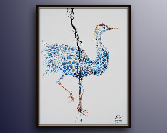 Crane Bird Oil Painting 40",  Original oil painting on canvas, relaxing blue colors, handmade original art by Koby Feldmos