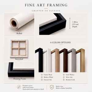 May include: Fine art framing options including a rolled canvas, a stretched canvas, and a floating frame with a 1.38 inch depth. Six frame color options are displayed: classic black, modern white, natural oak, dark walnut, silver ash, and brushed gold.