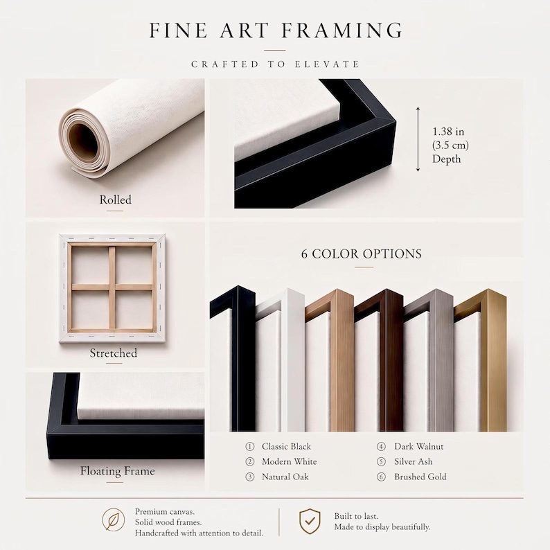 May include: Fine art framing options including a rolled canvas, a stretched canvas, and a floating frame with a 1.38 inch depth. Six frame color options are displayed: classic black, modern white, natural oak, dark walnut, silver ash, and brushed gold.