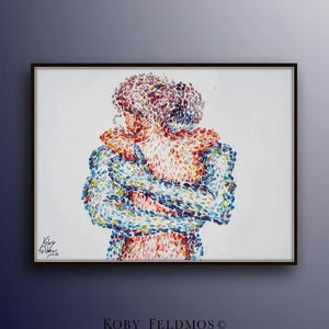 Painting Hugging couple, 40" love, wedding gift, valentine gift, lovers painting, art, handmade by Koby Feldmos