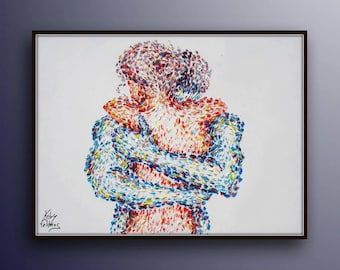 Painting Hugging couple, 40&quot; love, wedding gift, valentine gift, lovers painting, art, handmade by Koby Feldmos