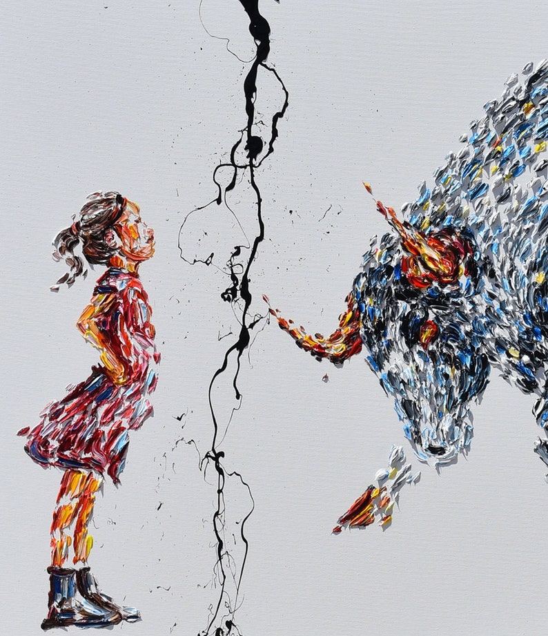 Office painting 67 Fearless Girl, oil painting on canvas, Bull vs. Girl, Stock exchange market, business art, art for office, Koby Feldmos image 4