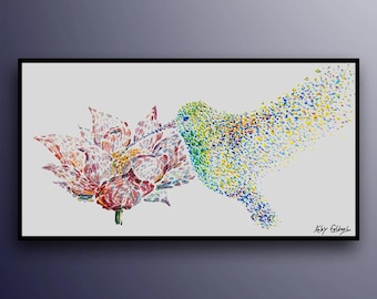 Abstract Hummingbird 50" Beautiful textured bird hovering above a flower , original oil painting by Koby Feldmos