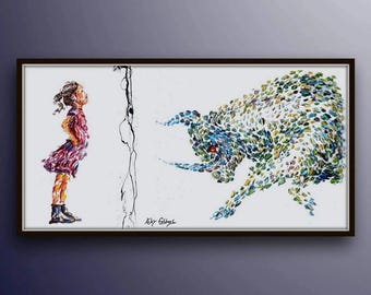 Office painting 60" Brave Girl , office art, oil painting on canvas, Bull vs. Girl, Stock exchange market, business art, Koby Feldmos