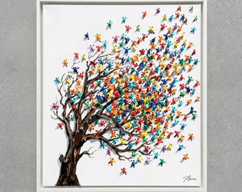 Baum des Lebens Mini Menschen - Original Ölgemälde von Aron S. Zeitgenössische Pop Art Figur auf Leinwand Moderne Wandkunst