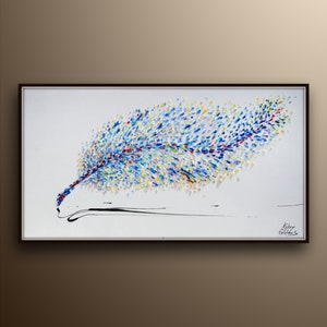 Painting - Feather 55", Original & Hand made oil Painting of a Feather, Large Painting, modern art, certification attached, By Koby Feldmos