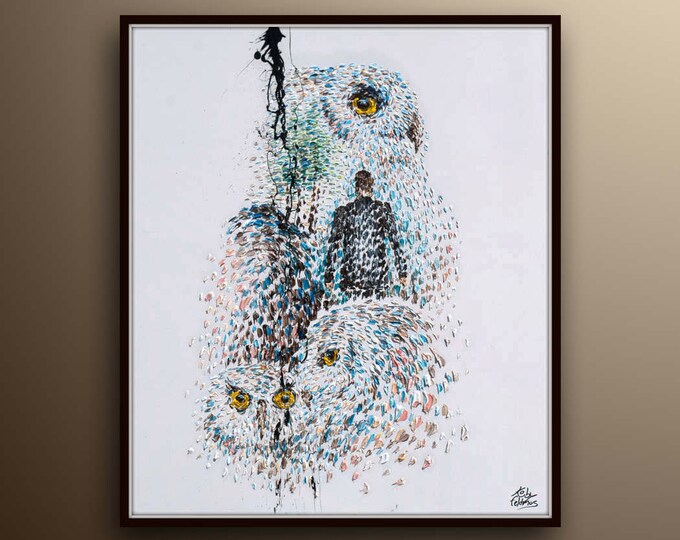 AMAZING !!! Owl Collage extra beautiful composition 50" oil on canvas , man, owl, sky, large owl by Koby Feldmos