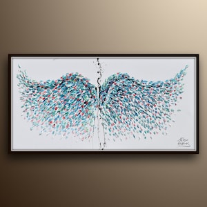 Angel Wings 55" Beautiful turquoise color of wings, relaxing vibes and looks,  thick layers of oil paint, Modern Art By Koby Feldmos