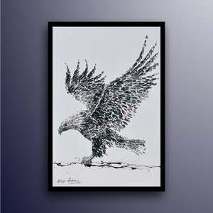 Amazing Black and white with touches of blue wild Eagle 40" - original oil painting by Koby Feldmos