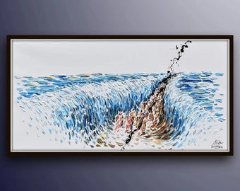 Parting of the Red Sea Original Oil Painting, Modern Biblical Wall Art, Large Jewish Home Decor, Blue Impasto Texture Hand Painted Fine Art