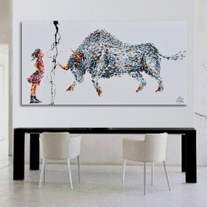 Office painting 67 Fearless Girl, oil painting on canvas, Bull vs. Girl, Stock exchange market, business art, art for office, Koby Feldmos image 7