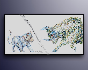 Painting Baby Lion vs bull, Lion Cub original oil Painting on canvas, Modern Art,  Express Shipping, By Koby Feldmos