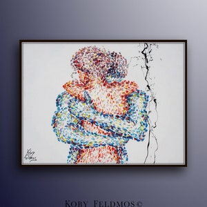 Painting 40" Hugging couple, love, wedding gift, valentine gift, lovers painting, art, handmade by Koby Feldmos