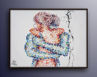 Painting 40" Hugging couple, love, wedding gift, valentine gift, lovers painting, art, handmade by Koby Feldmos