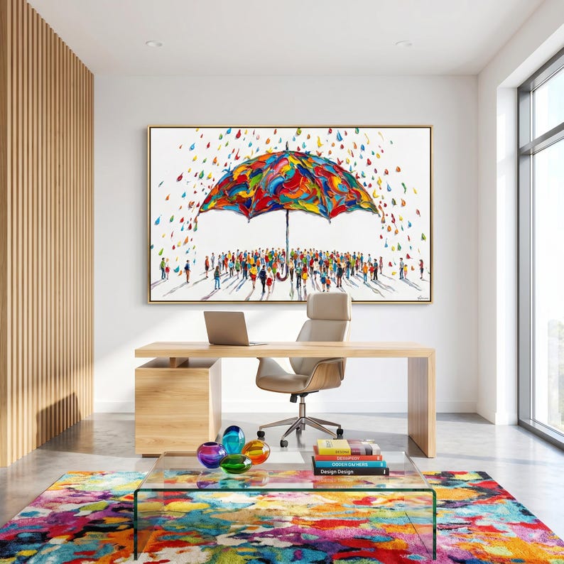 May include: A large rectangular wall art piece featuring a vibrant, multi-colored umbrella sheltering a crowd of people from falling colorful raindrops. The painting uses thick, textured brushstrokes in shades of red, blue, yellow, and green.