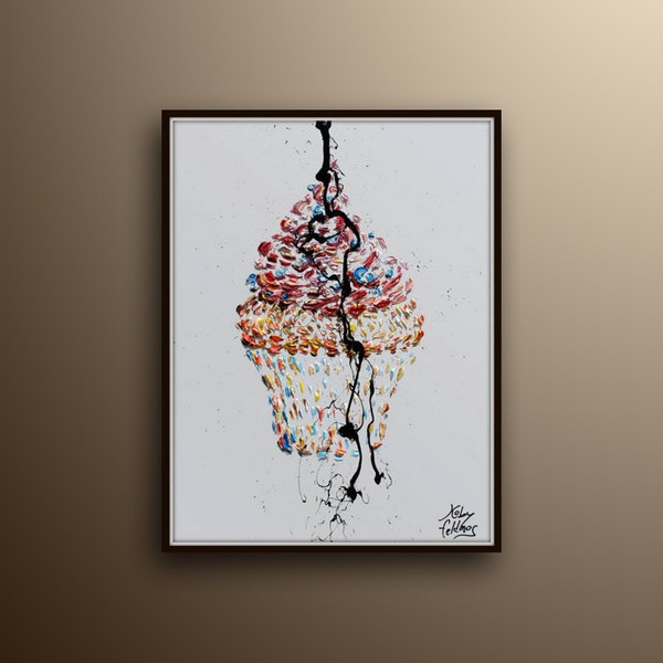 Cupcake Painting 30" oil painting on canvas, beautiful for kitchen art, gift idea, thick layers, modern style, By Koby Feldmos