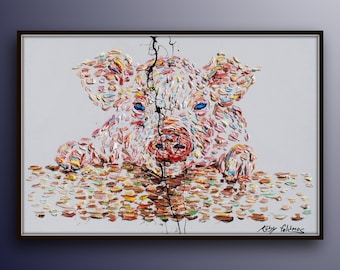 Painting 40" Pig original oil Painting  on canvas, , Modern Art , Express Shipping, By Koby Feldmos