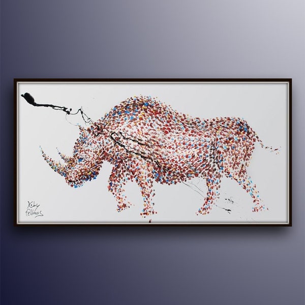 Painting Rhino 67" Animal Painting on Canvas, Abstract Art , Thick paint , Original HandMade art, Certificate Attached, By Koby Feldmos