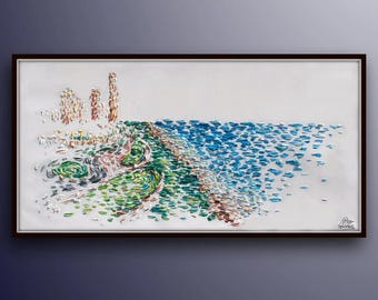 City skyline over the sea 50" Painting Skyline cityscape original oil painting on canvas, thick layers, Luxury looks, By Koby Feldmos