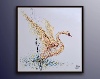 Golden Swan 35 ""großes Gemälde, Tiermalerei, Luxus-Ölgemälde, moderne Originalkunstwerk, dicke Ölfarbentextur, von Koby Feldmos."
