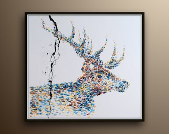 Painting Animal STAG deer 35" Original handmade oil painting on canvas, thick oil layers, Luxury looks, Express shipping, By Koby Feldmos