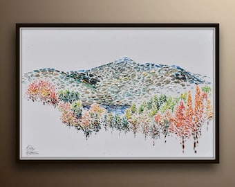 Beautiful Extra large 60" oil painting mt. chocorua Warm and cold tones, oil on canvas, trees, mountains and lake - By Koby Feldmos