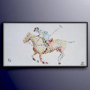 Polo 50&quot; Classic original oil painting, polo game, horse, game, animal, fine art, interior design, thick layers, handmade by Koby Feldmos