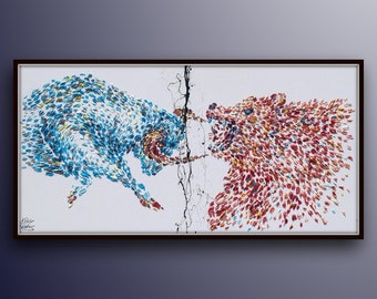Painting 67" Stock Market Bull v.s Bear oil painting on canvas, thick oil layers, Luxury looks, By Koby Feldmos