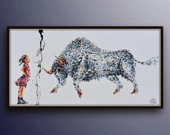 Office painting 60" Brave Girl  oil painting on canvas, Bull vs. Girl, Stock exchange market, business art, art for office, Koby Feldmos