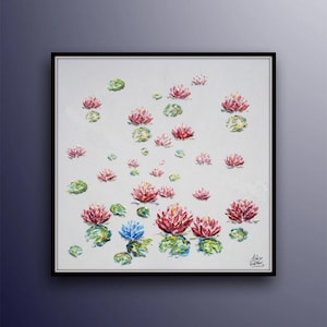 Lotus Flower 35&quot; Beautiful impressive oil painting artwork of red lotus in water, handmade original painting, By Artist Koby Feldmos