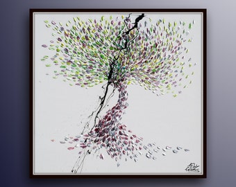 Tree painting 35" Beautiful & Colorful Abstract Tree , Original Oil Painting By Koby Feldmos , Certification Attached