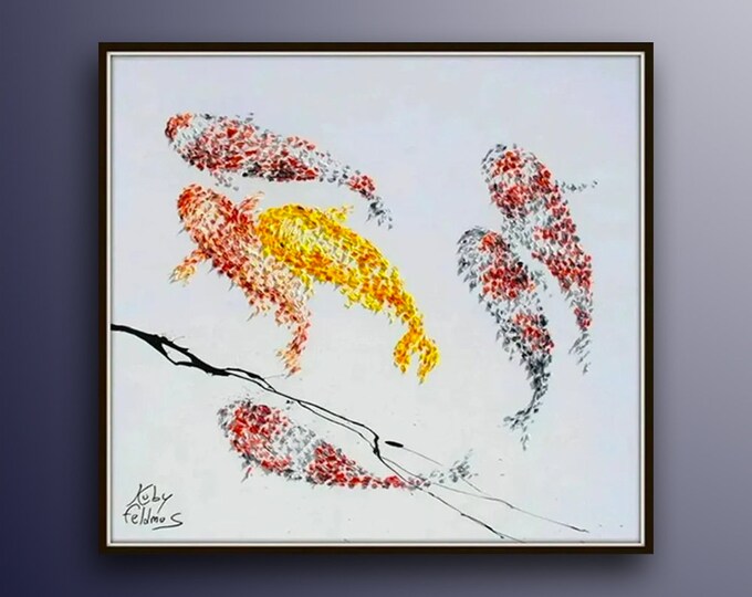 Painting Koi fish 35" for Luck Feng shui painting, Modern, luxury looks, thick layers, Express shipping worldwide, by Koby Feldmos