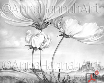 GAYA:"In the Half-shadow of Wild Flowers"forA3/squarePDF/JPG Sepia/Greyscale Downloded Coloring Page Fantasy Art for Adults by AnnaHannahArt