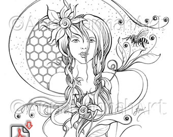 SLAVIC STORIES:"Honey-Lady"(from the coloring book) square forA4/A3/PDF/ Downloaded Fantasy Drawing-for Adults&Children by AnnaHannahArt