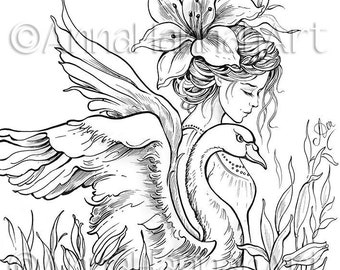 SLAVIC STORIES: "Goddess Lada with a Swan" A3/PDF/jpg/black/sepia/Downloaded Printable Fantasy Coloring Page - for Adults by AnnaHannahArt