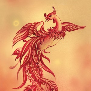 A5 print phoenix magische vogel leven wedergeboorte tijd vernieuwing creativiteit onsterfelijkheid geest kracht vuur vrijheid sterkte wenskaart symbool cadeau