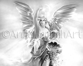 Guardian Angels:"FORTUNE" abundance power A3/PDF/JPG Greyscale/Sepia Downloded Printable Coloring Page for Adults and Children/AnnaHannahArt