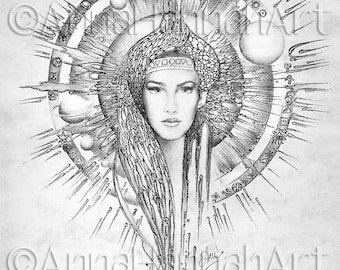 GAYA:"Mother of the World"A3/A4 PDF/Greyscale/JPGSepia/Instant Instant Downloded Printable Fantasy Coloring Page for Adults by AnnaHannahArt